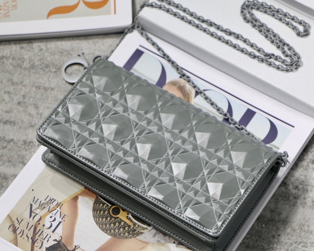 Dior Lady Dior Chain Pouch In Grey Diamond Calfskin