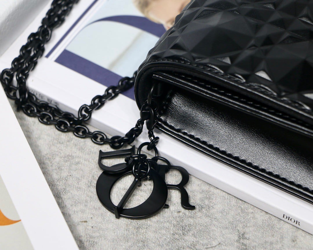 Dior Lady Dior Chain Pouch In Black Diamond Calfskin