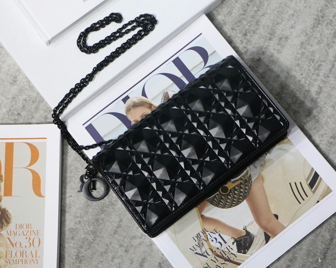 Dior Lady Dior Chain Pouch In Black Diamond Calfskin