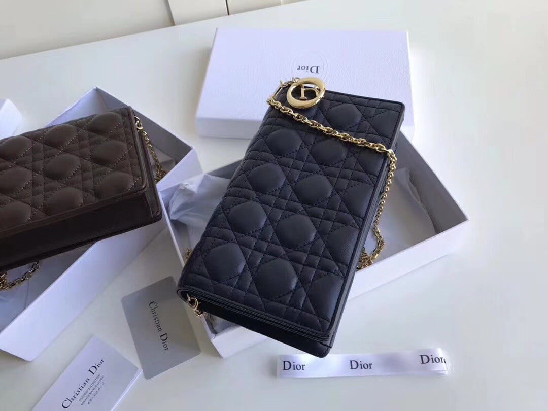 Dior Lady Dior Chain Pouch In Noir Cannage Lambskin