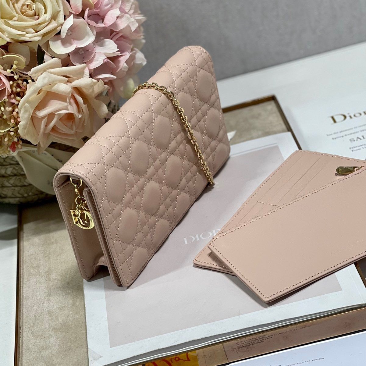 Dior Lady Dior Chain Pouch In Pink Cannage Lambskin