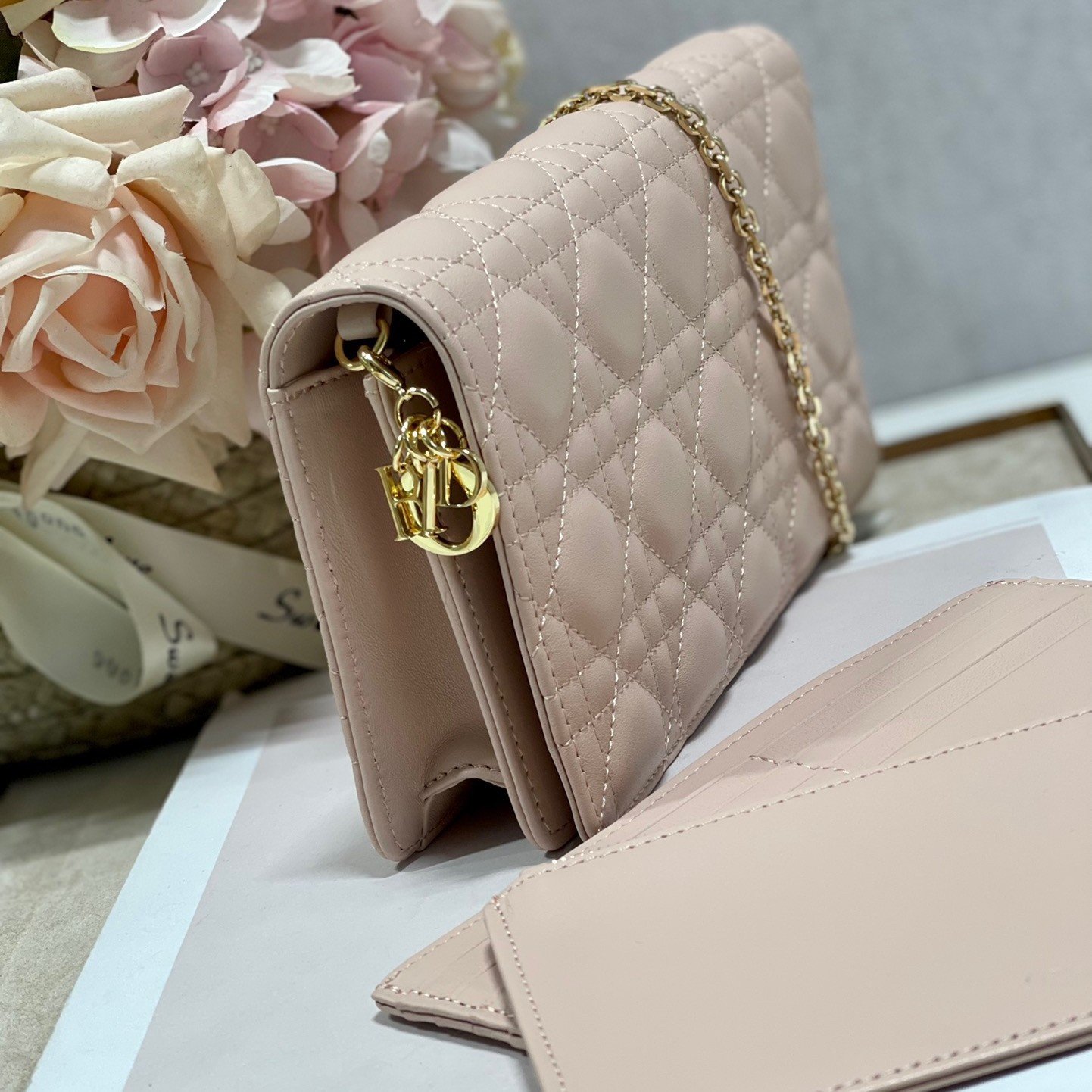 Dior Lady Dior Chain Pouch In Pink Cannage Lambskin