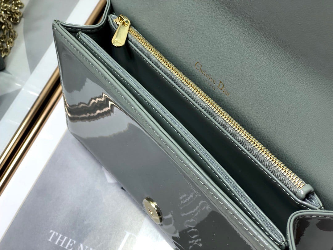 Dior Lady Dior Chain Pouch In Grey Patent Cannage Calfskin