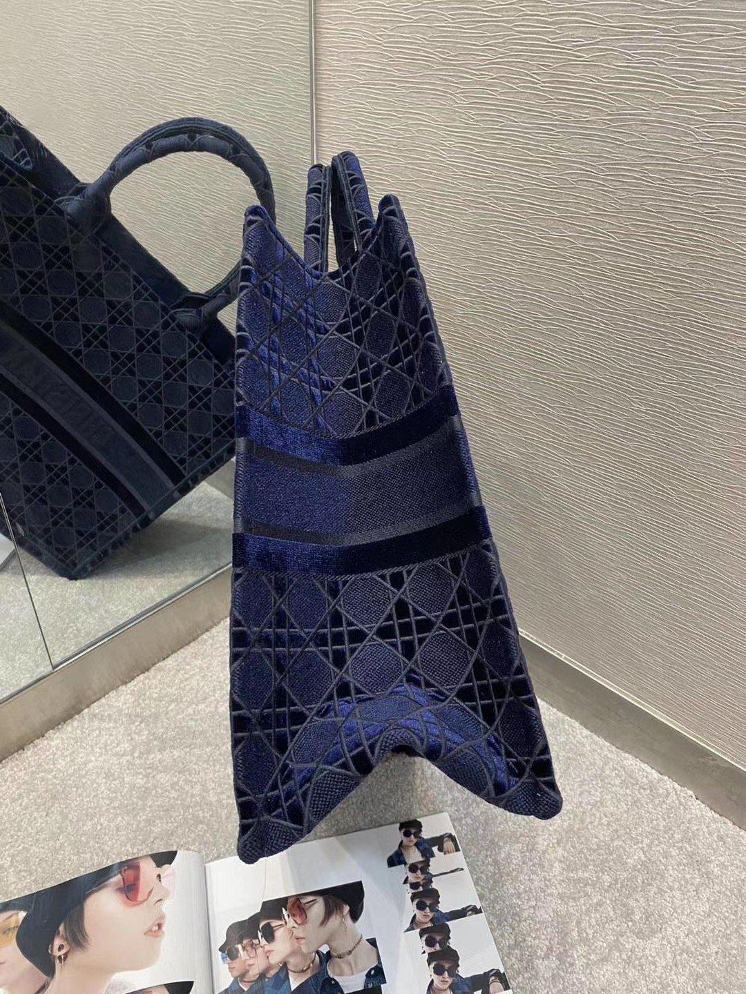 Dior Large Book Tote Bag In Blue Cannage Embroidered Velvet