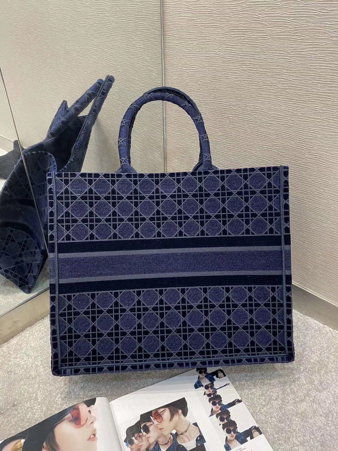 Dior Large Book Tote Bag In Blue Cannage Embroidered Velvet