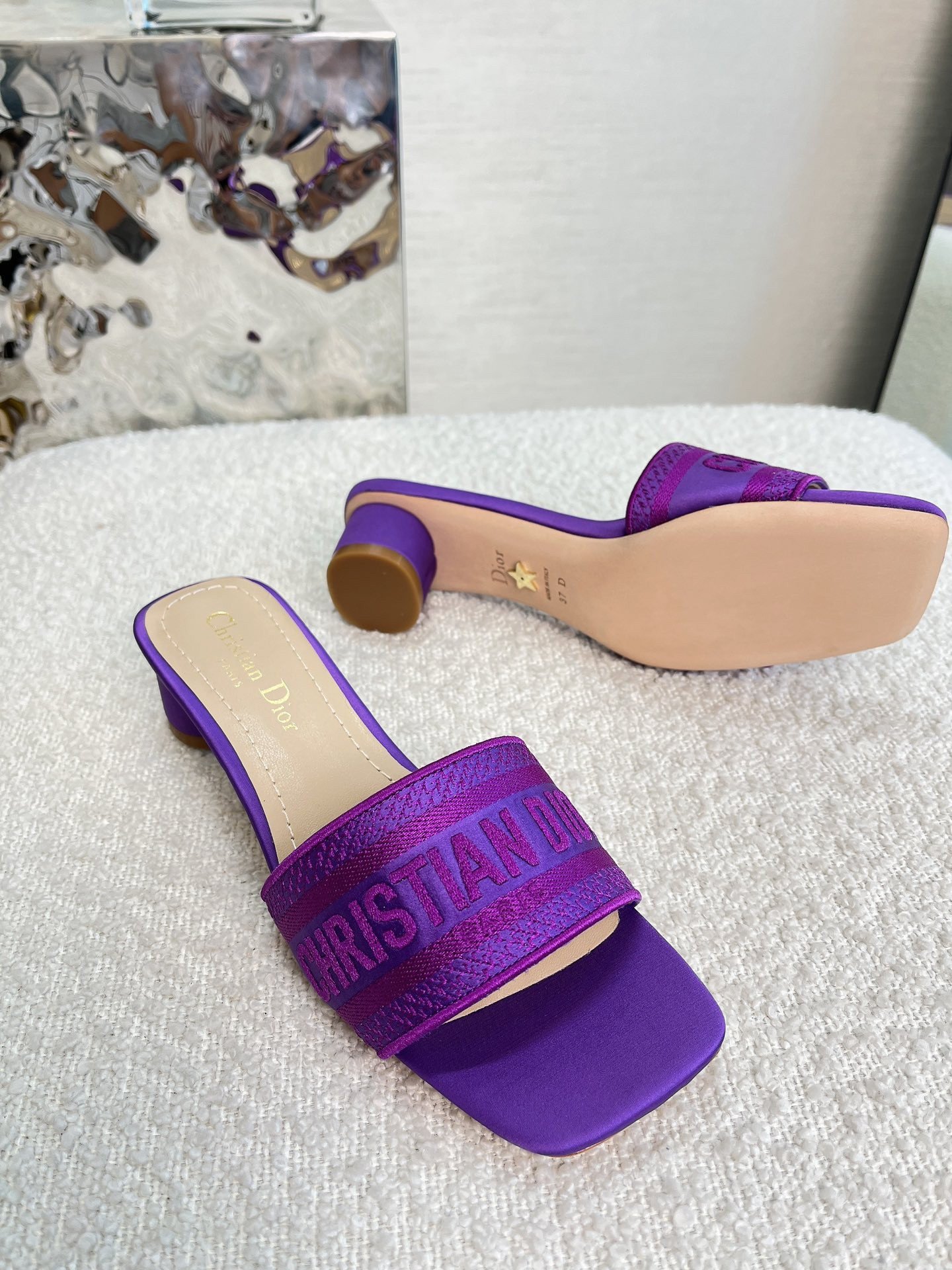 Dior Dway Heeled 35MM Slides in Purple Embroidered Satin and Cotton