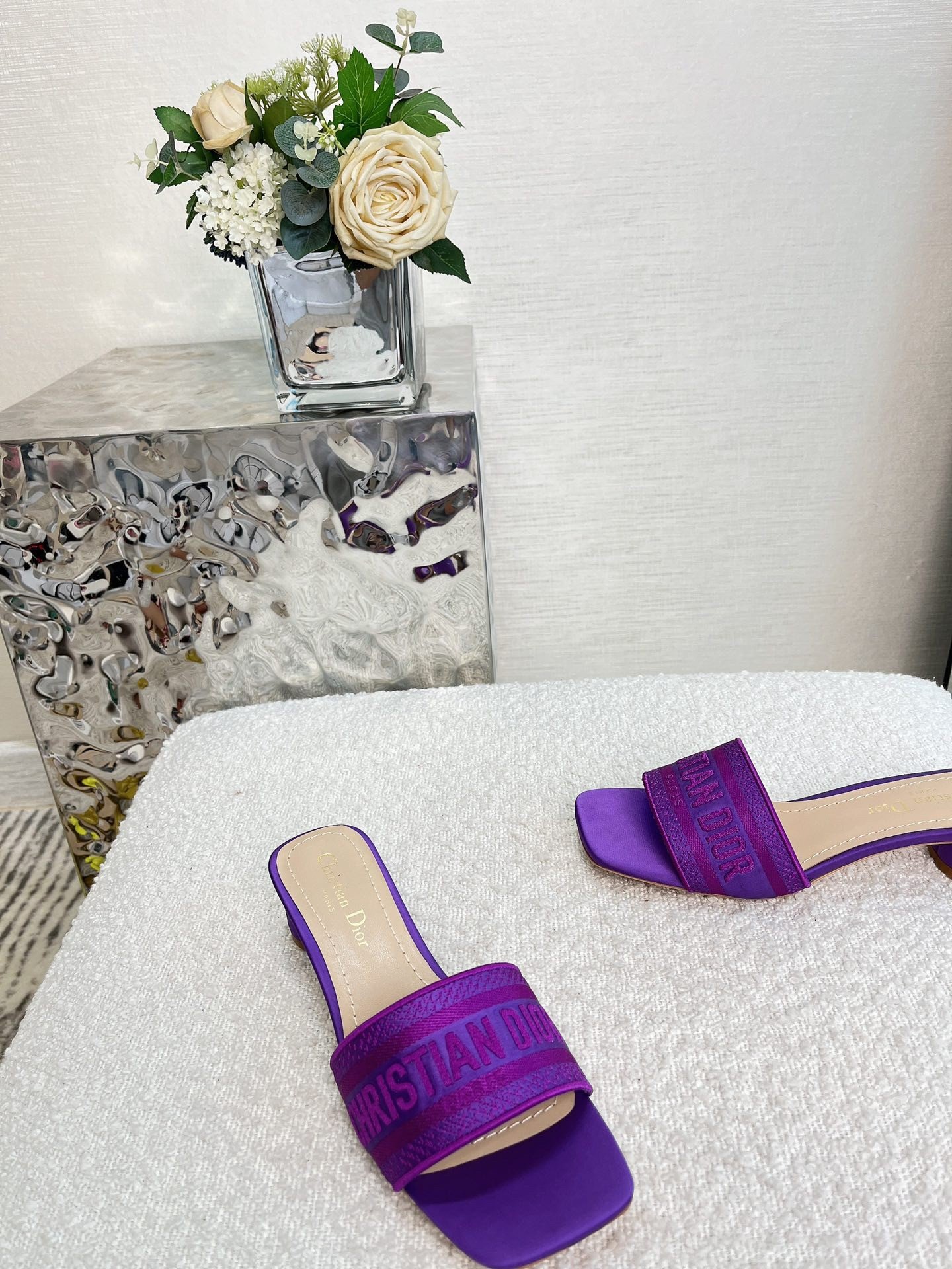 Dior Dway Heeled 35MM Slides in Purple Embroidered Satin and Cotton