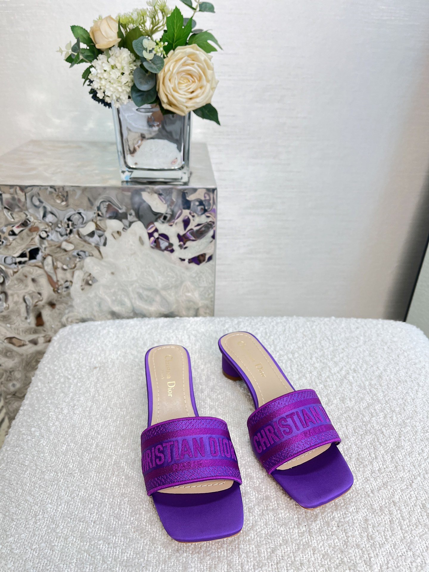 Dior Dway Heeled 35MM Slides in Purple Embroidered Satin and Cotton