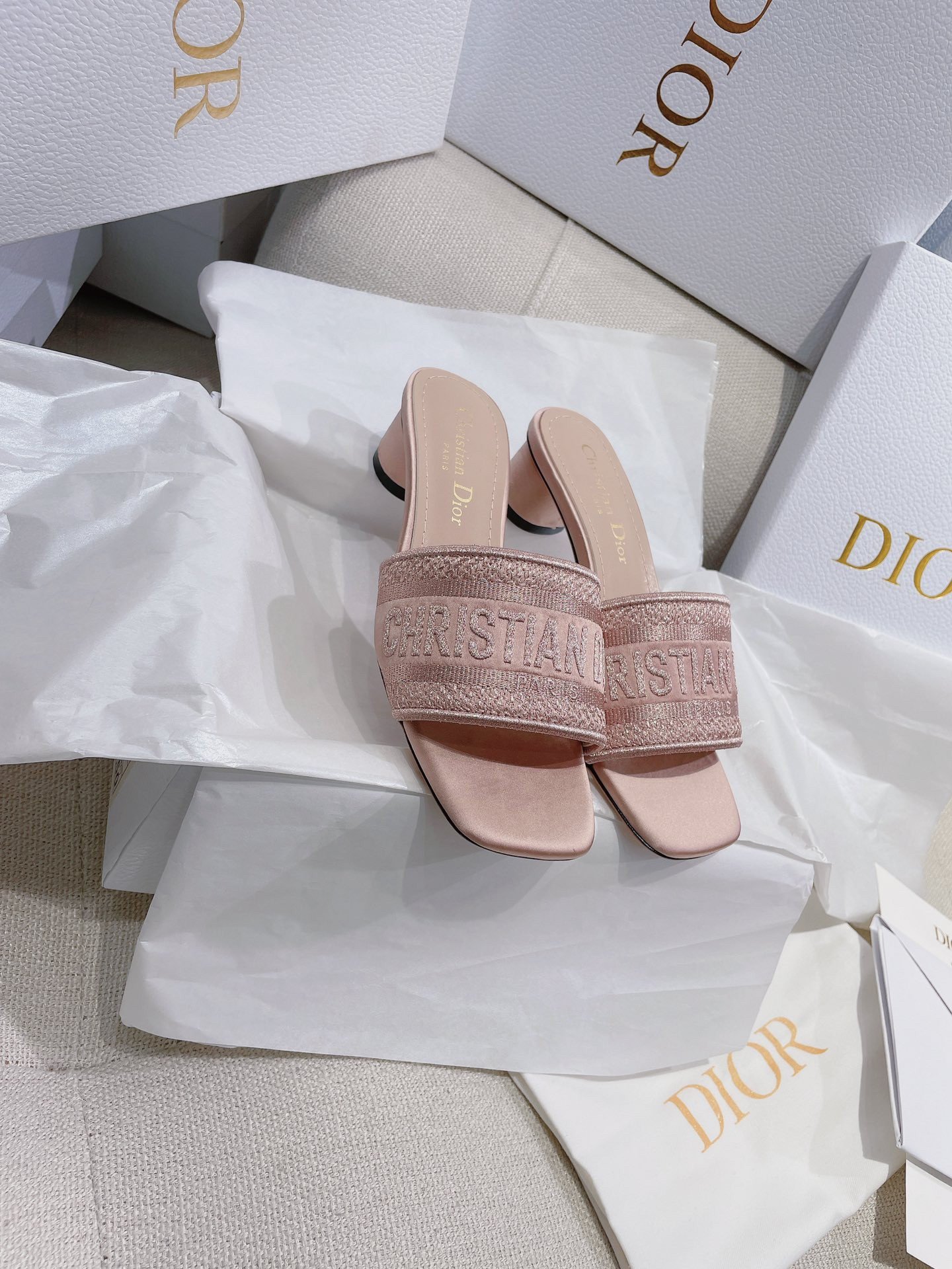 Dior Dway Heeled 35MM Slides in Blush Metallic Thread Embroidered Satin