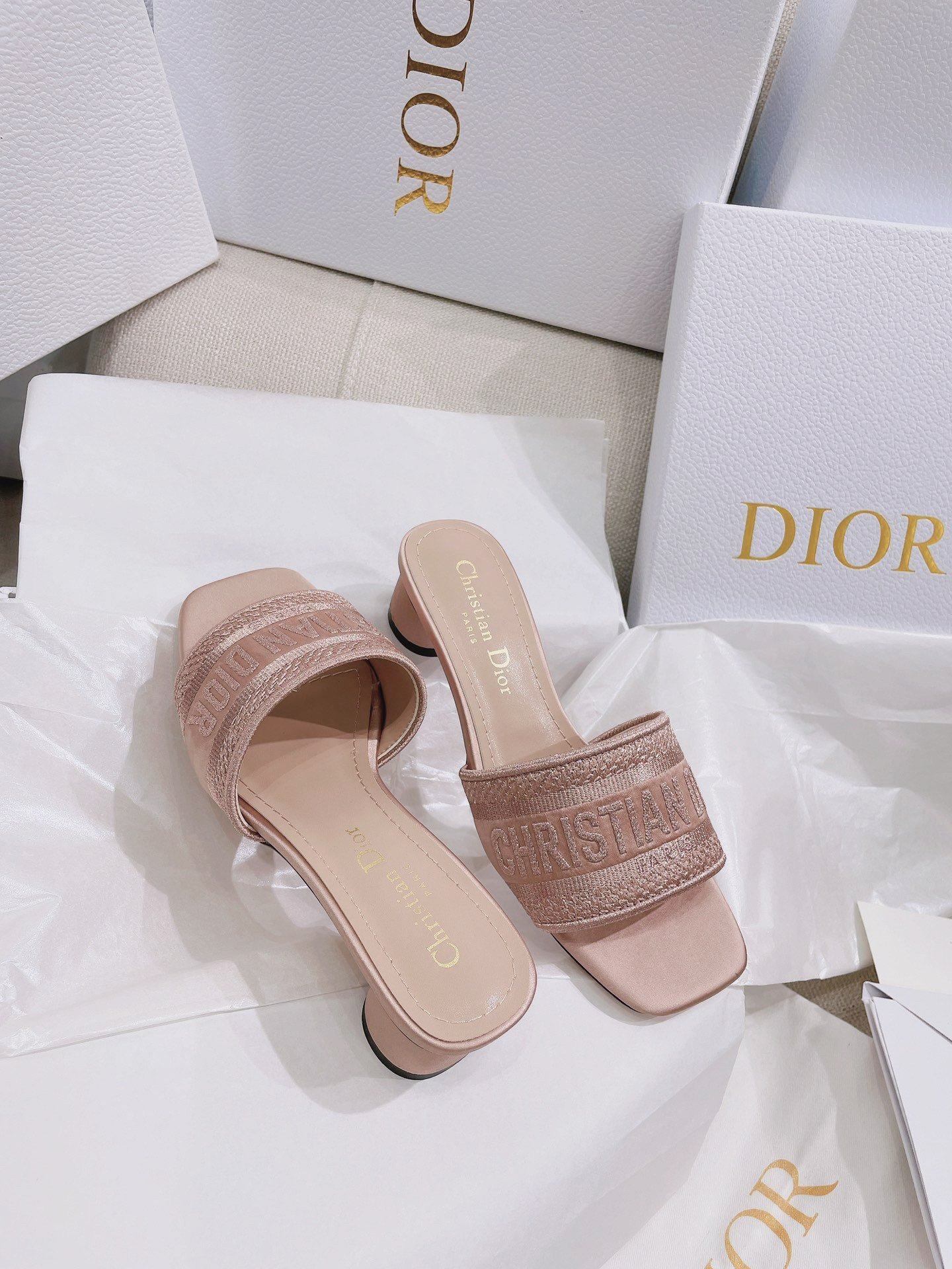 Dior Dway Heeled 35MM Slides in Blush Metallic Thread Embroidered Satin