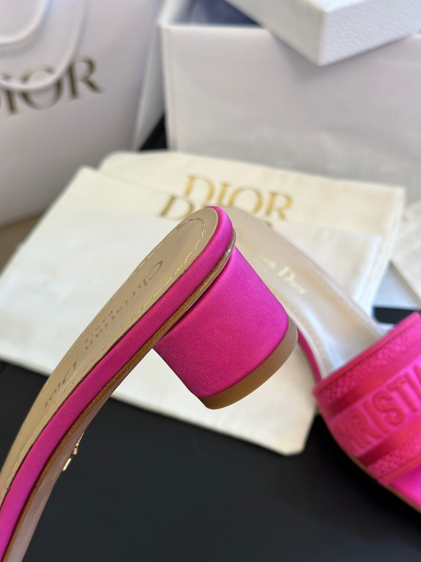 Dior Dway Heeled 35MM Slides in Pink Embroidered Satin and Cotton