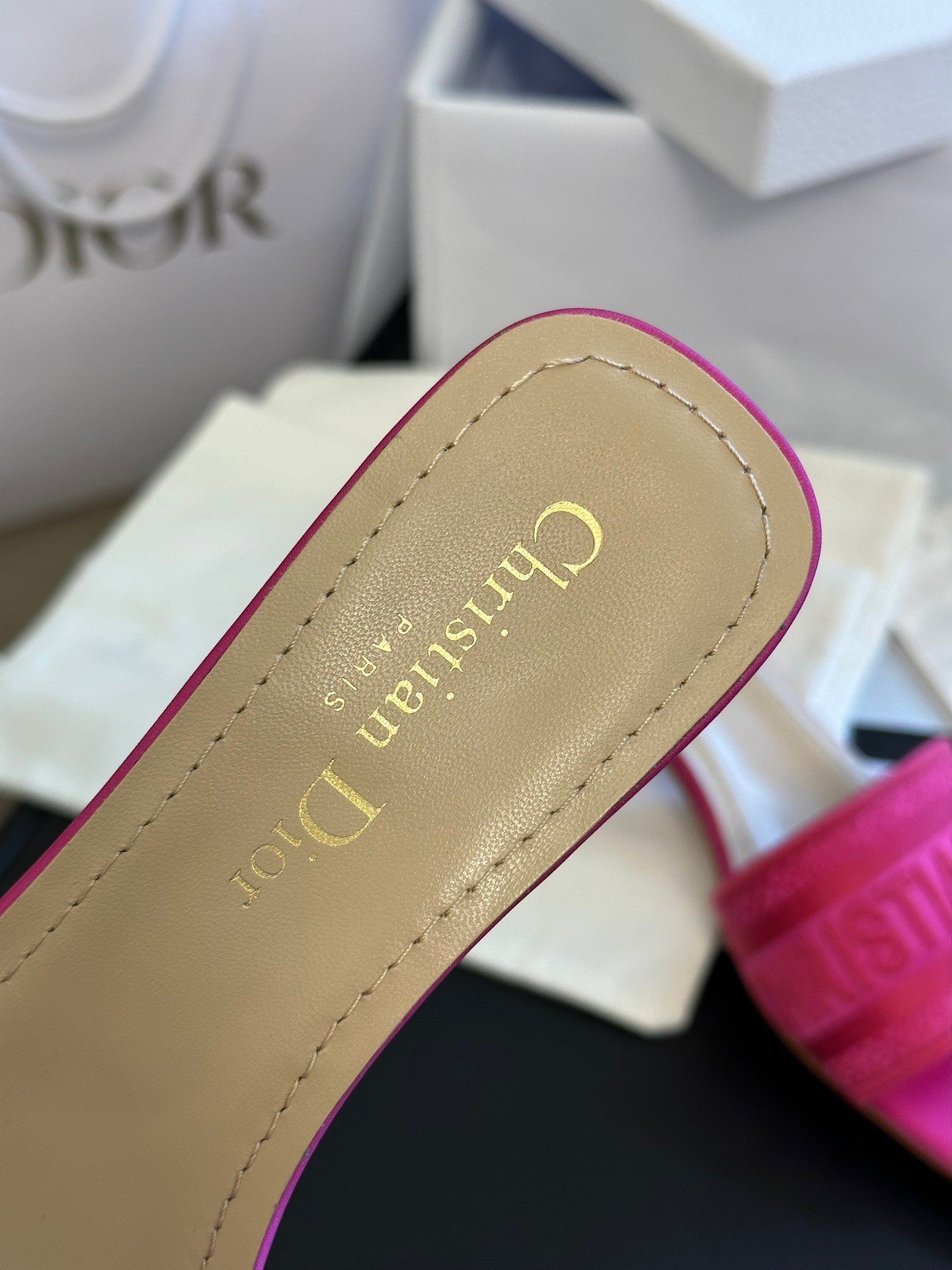 Dior Dway Heeled 35MM Slides in Pink Embroidered Satin and Cotton