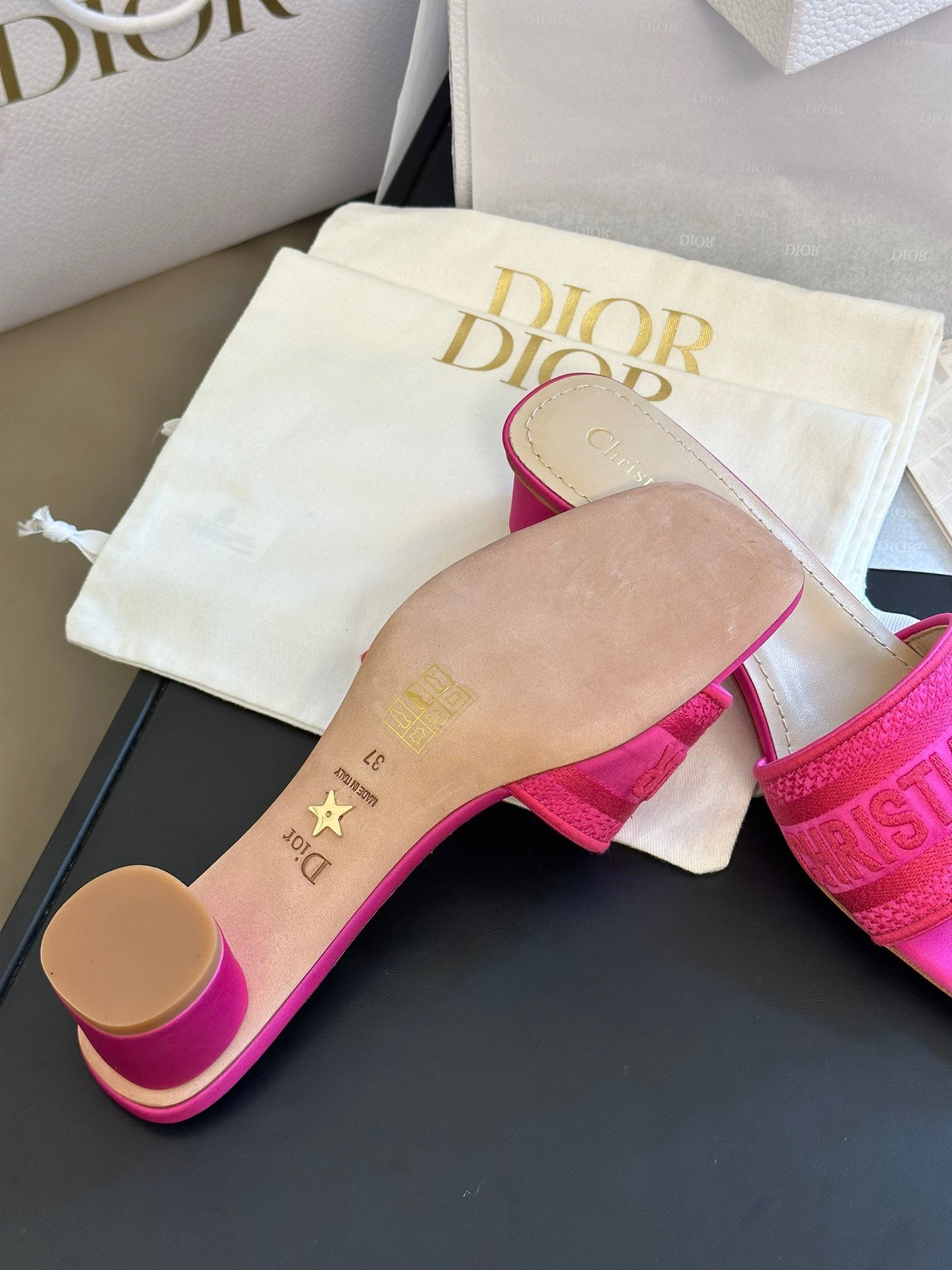 Dior Dway Heeled 35MM Slides in Pink Embroidered Satin and Cotton