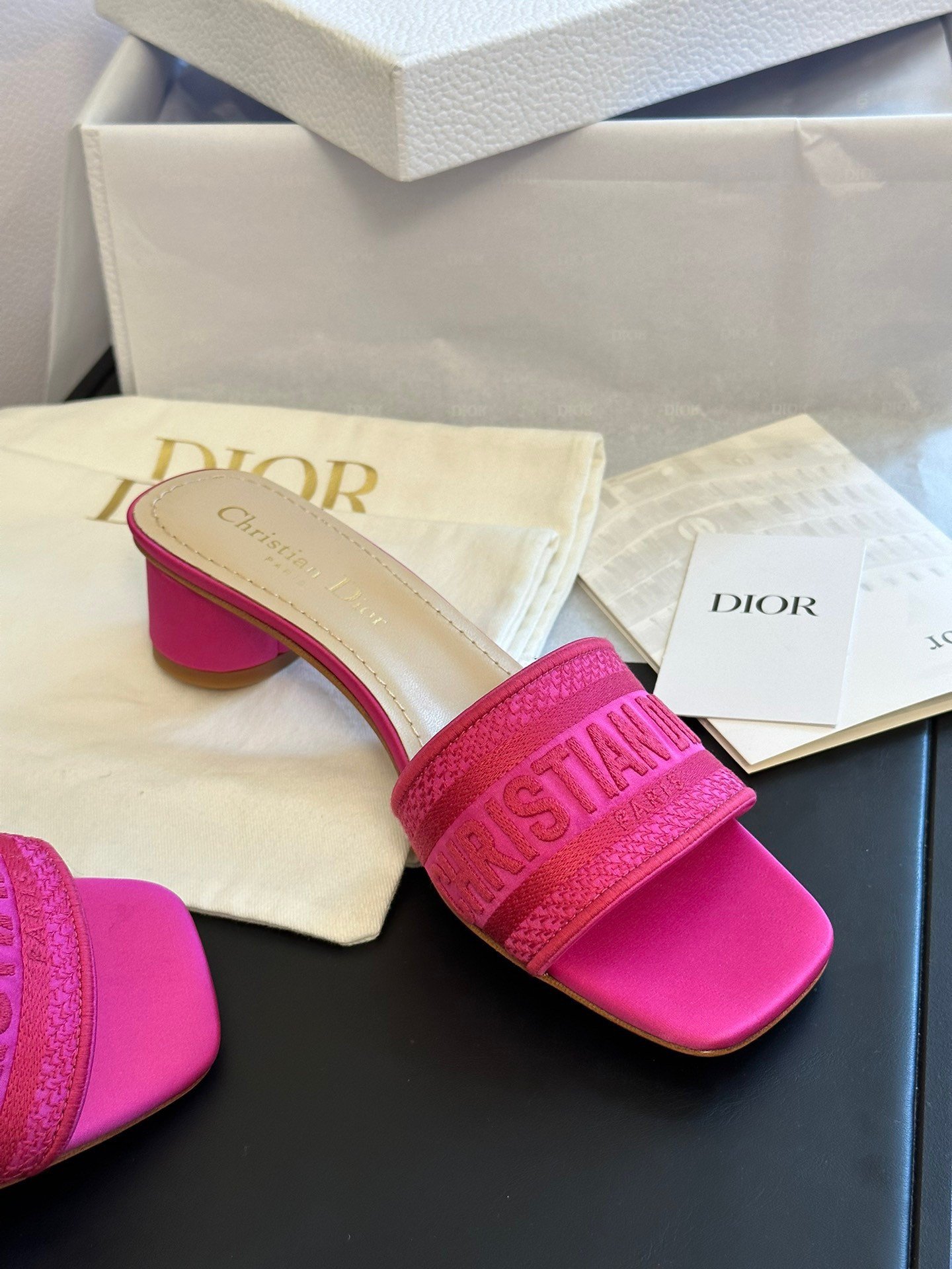 Dior Dway Heeled 35MM Slides in Pink Embroidered Satin and Cotton