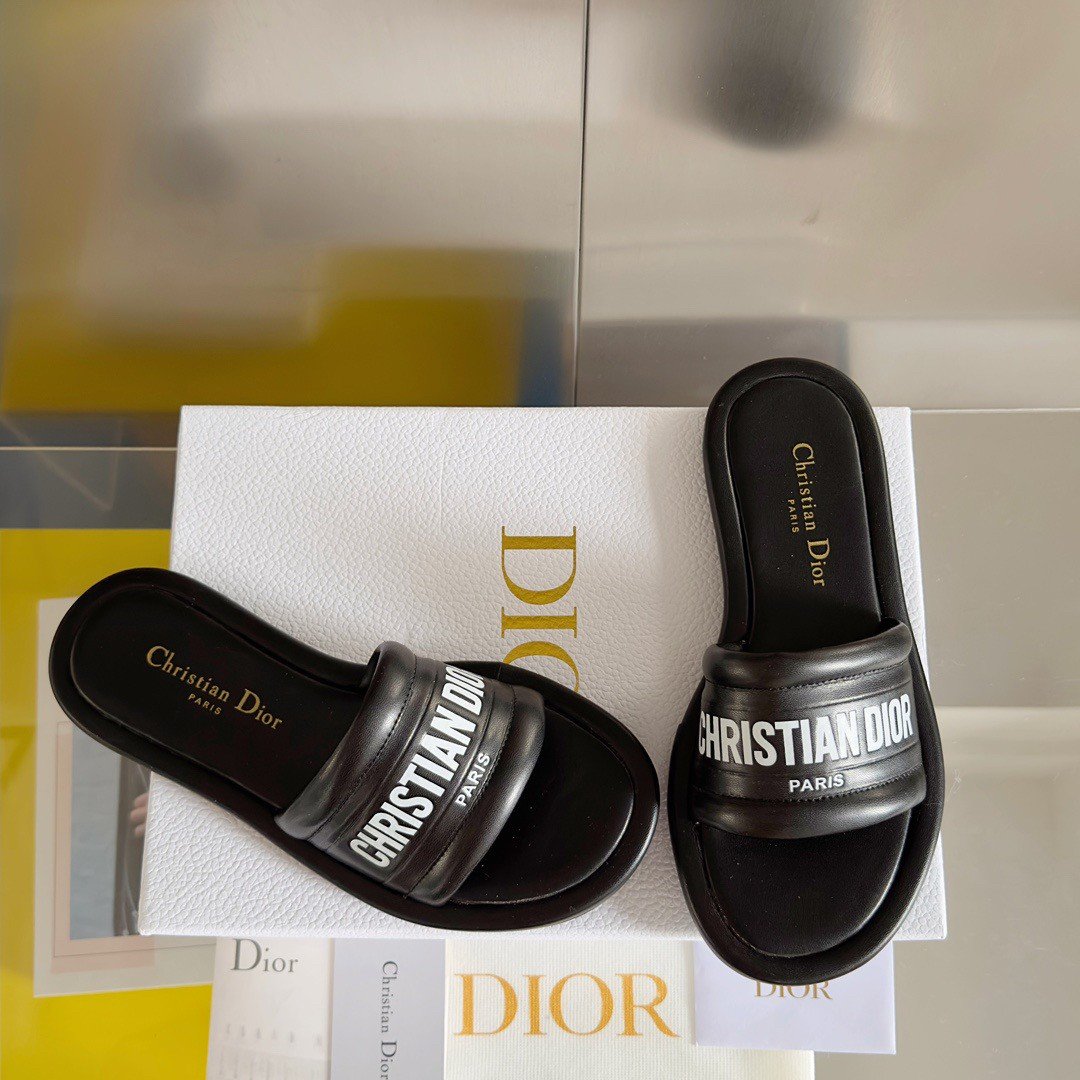 Dior Every-D Slides In Black Embossed Lambskin