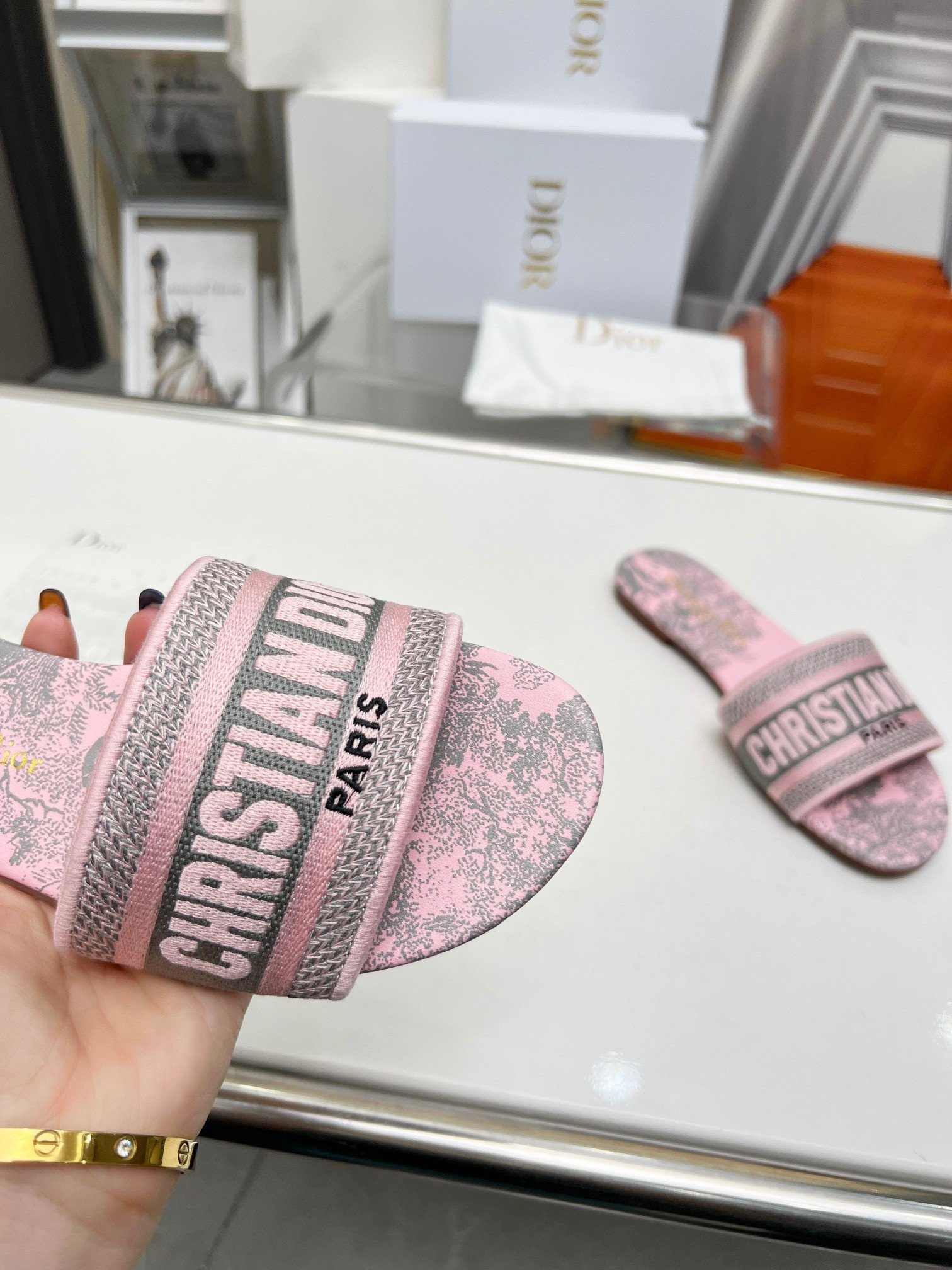 Dior Dway Slides in Pink Cotton with Toile de Jouy Sauvage Motif