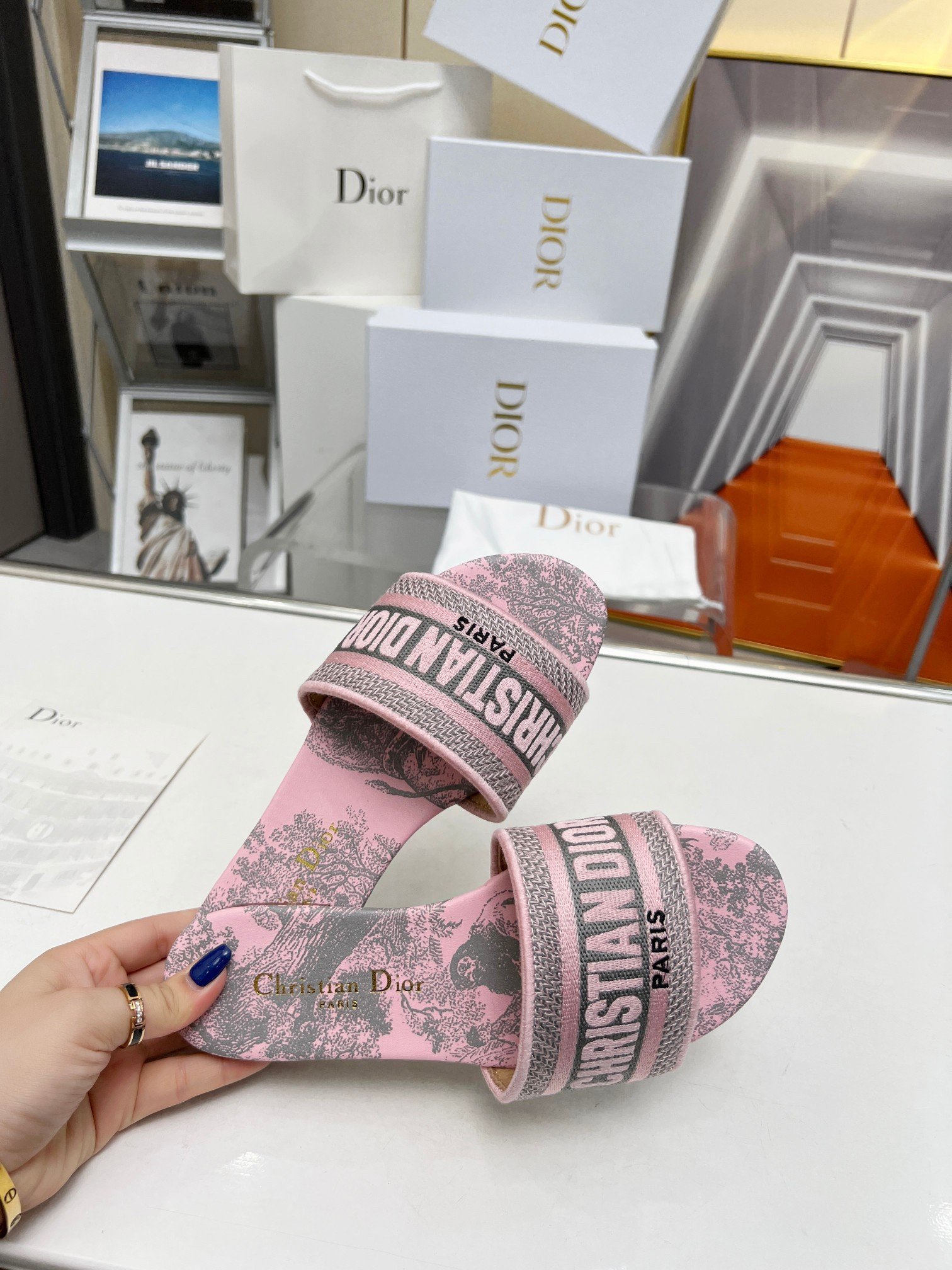 Dior Dway Slides in Pink Cotton with Toile de Jouy Sauvage Motif