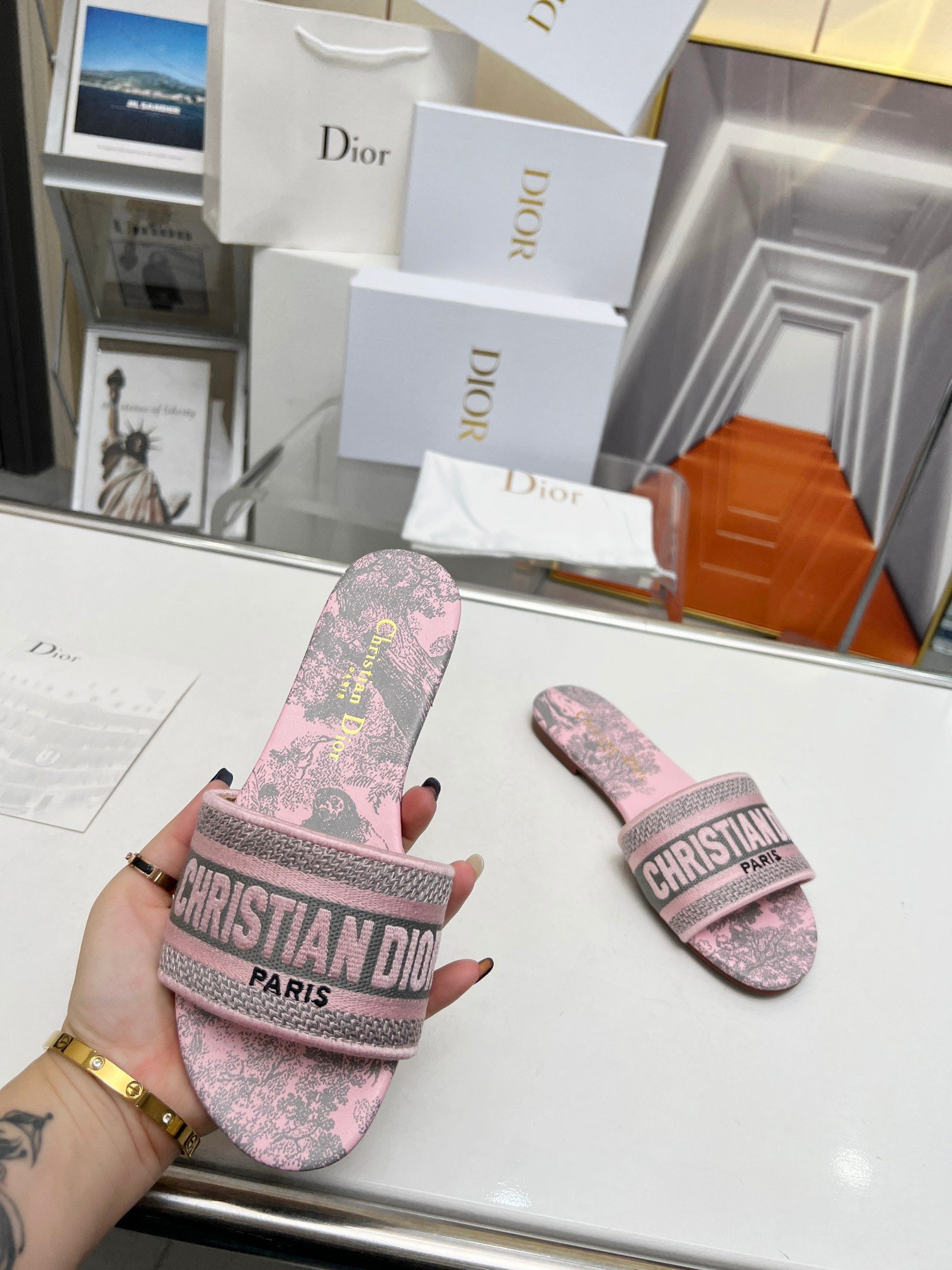 Dior Dway Slides in Pink Cotton with Toile de Jouy Sauvage Motif