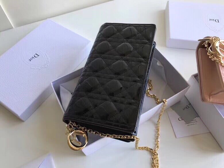 Dior Lady Dior Chain Pouch In Black Patent Cannage Calfskin