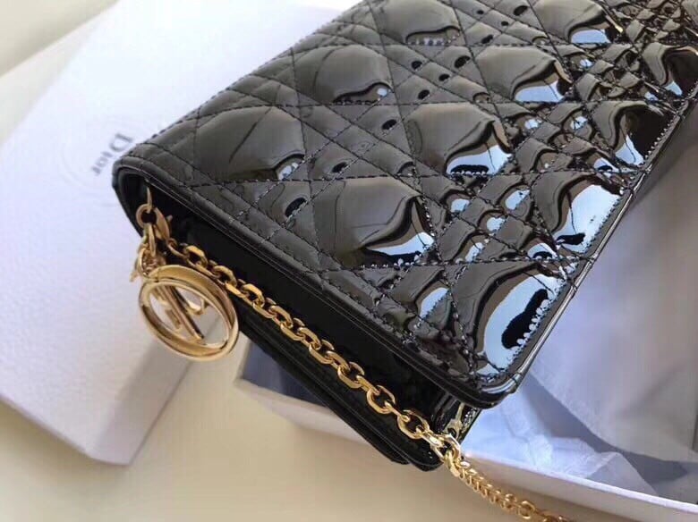 Dior Lady Dior Chain Pouch In Black Patent Cannage Calfskin