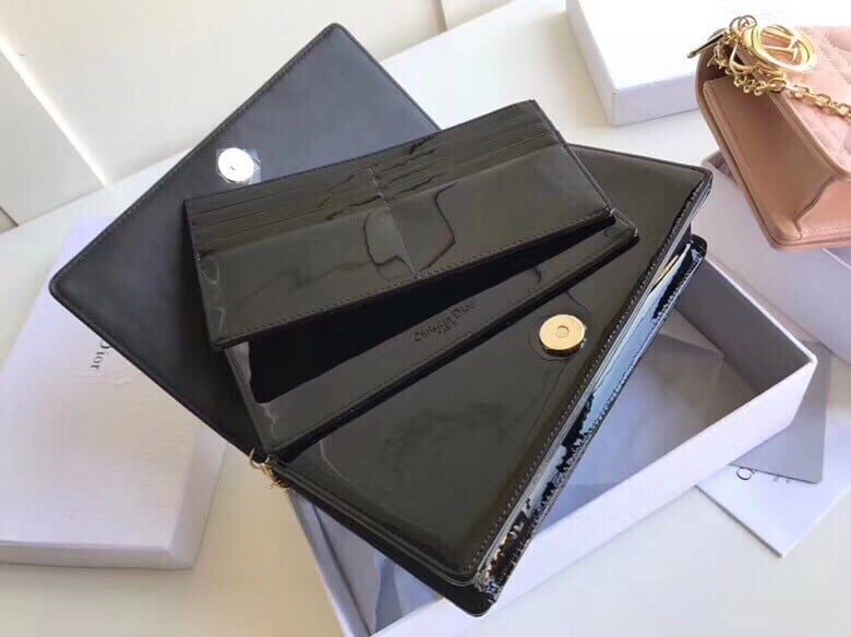 Dior Lady Dior Chain Pouch In Black Patent Cannage Calfskin