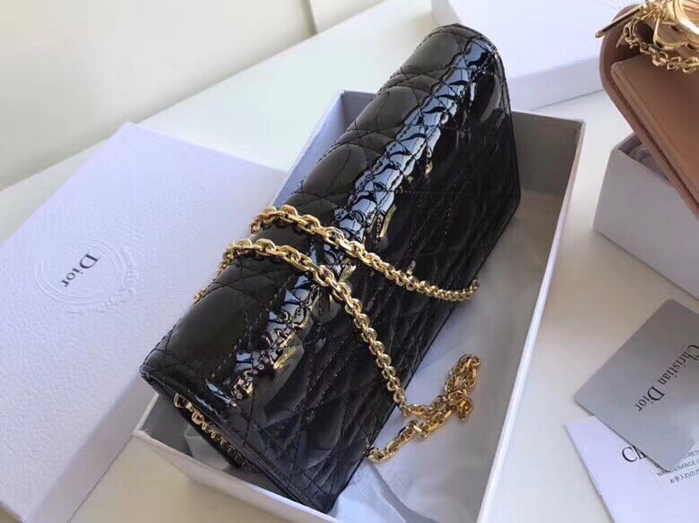 Dior Lady Dior Chain Pouch In Black Patent Cannage Calfskin