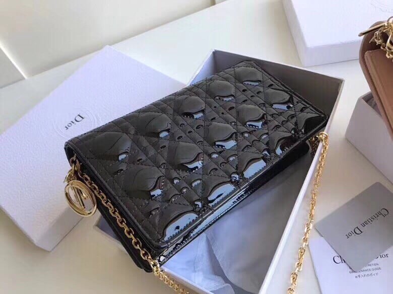 Dior Lady Dior Chain Pouch In Black Patent Cannage Calfskin