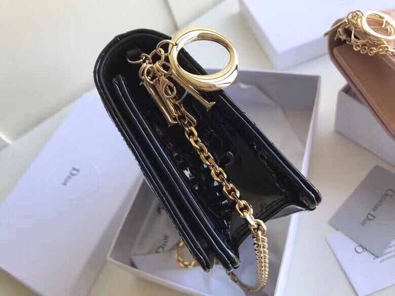 Dior Lady Dior Chain Pouch In Black Patent Cannage Calfskin