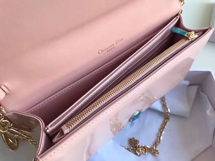 Dior Lady Dior Chain Pouch In Pink Patent Cannage Calfskin