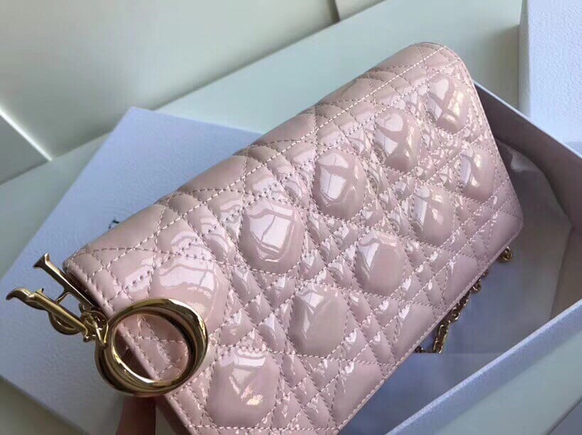 Dior Lady Dior Chain Pouch In Pink Patent Cannage Calfskin