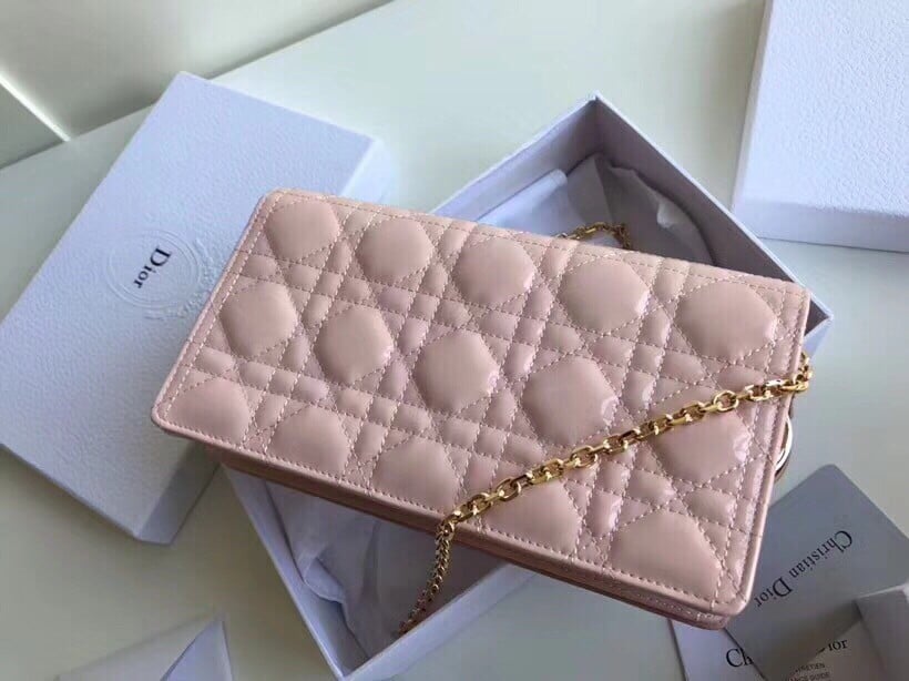 Dior Lady Dior Chain Pouch In Pink Patent Cannage Calfskin