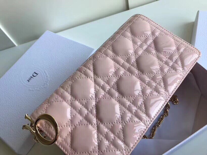 Dior Lady Dior Chain Pouch In Pink Patent Cannage Calfskin