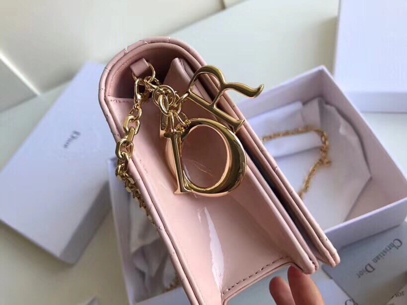 Dior Lady Dior Chain Pouch In Pink Patent Cannage Calfskin