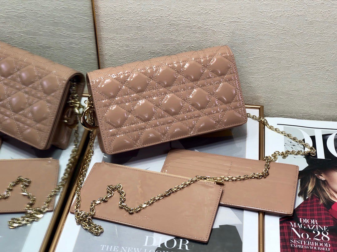 Dior Lady Dior Chain Pouch In Blush Patent Cannage Calfskin