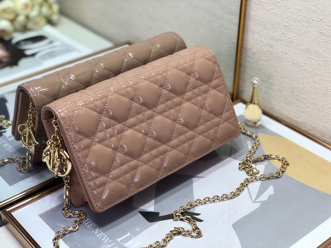 Dior Lady Dior Chain Pouch In Blush Patent Cannage Calfskin