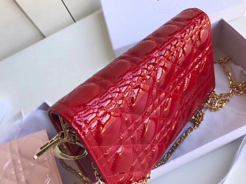 Dior Lady Dior Chain Pouch In Red Patent Cannage Calfskin