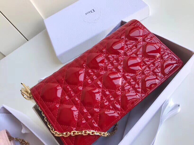 Dior Lady Dior Chain Pouch In Red Patent Cannage Calfskin