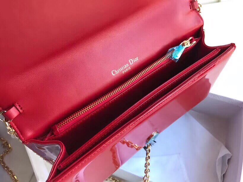 Dior Lady Dior Chain Pouch In Red Patent Cannage Calfskin