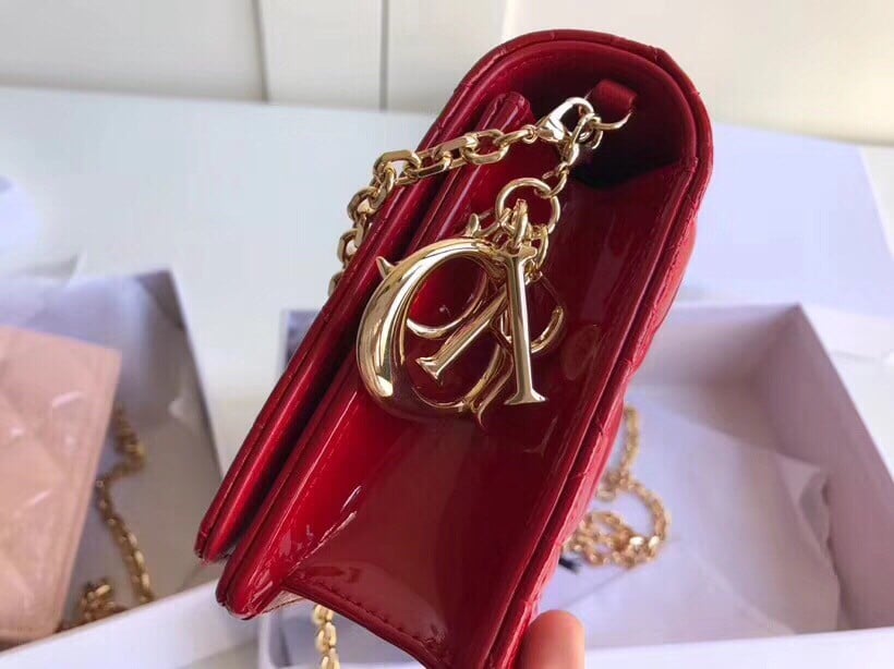 Dior Lady Dior Chain Pouch In Red Patent Cannage Calfskin