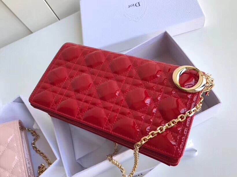 Dior Lady Dior Chain Pouch In Red Patent Cannage Calfskin