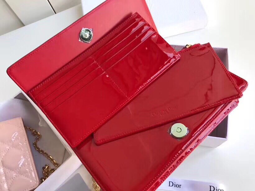 Dior Lady Dior Chain Pouch In Red Patent Cannage Calfskin