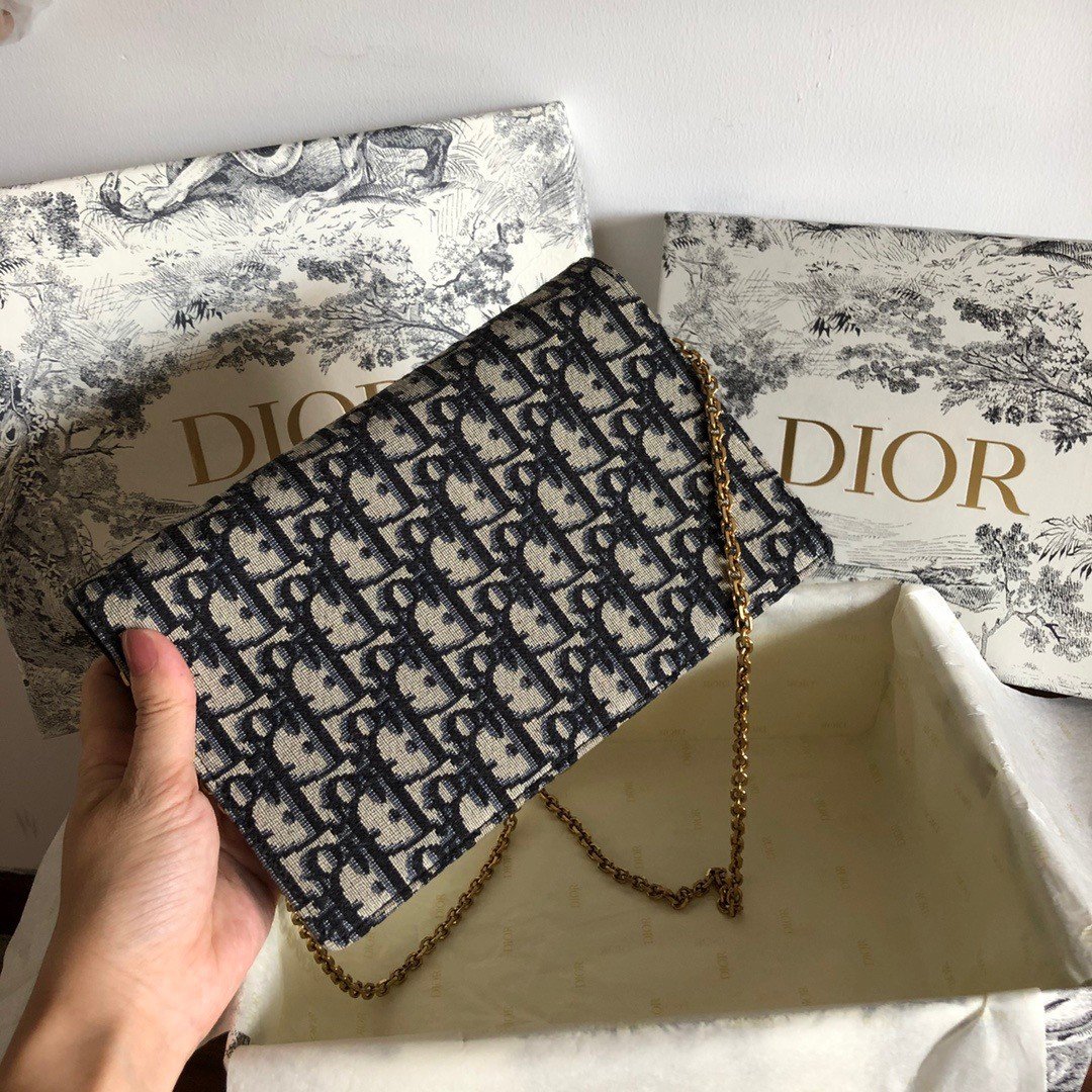 Dior Saddle Chain Pouch In Blue Dior Oblique Jacquard