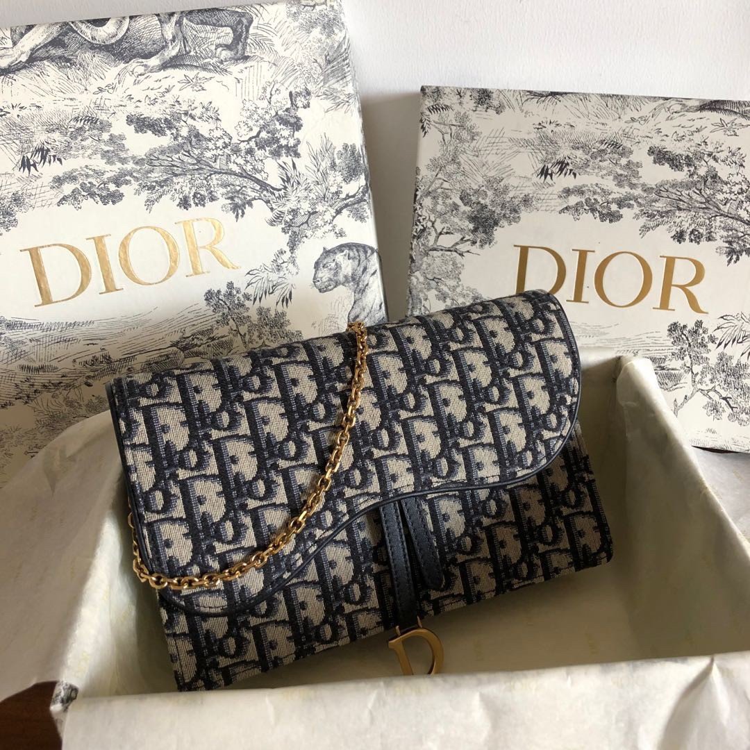 Dior Saddle Chain Pouch In Blue Dior Oblique Jacquard