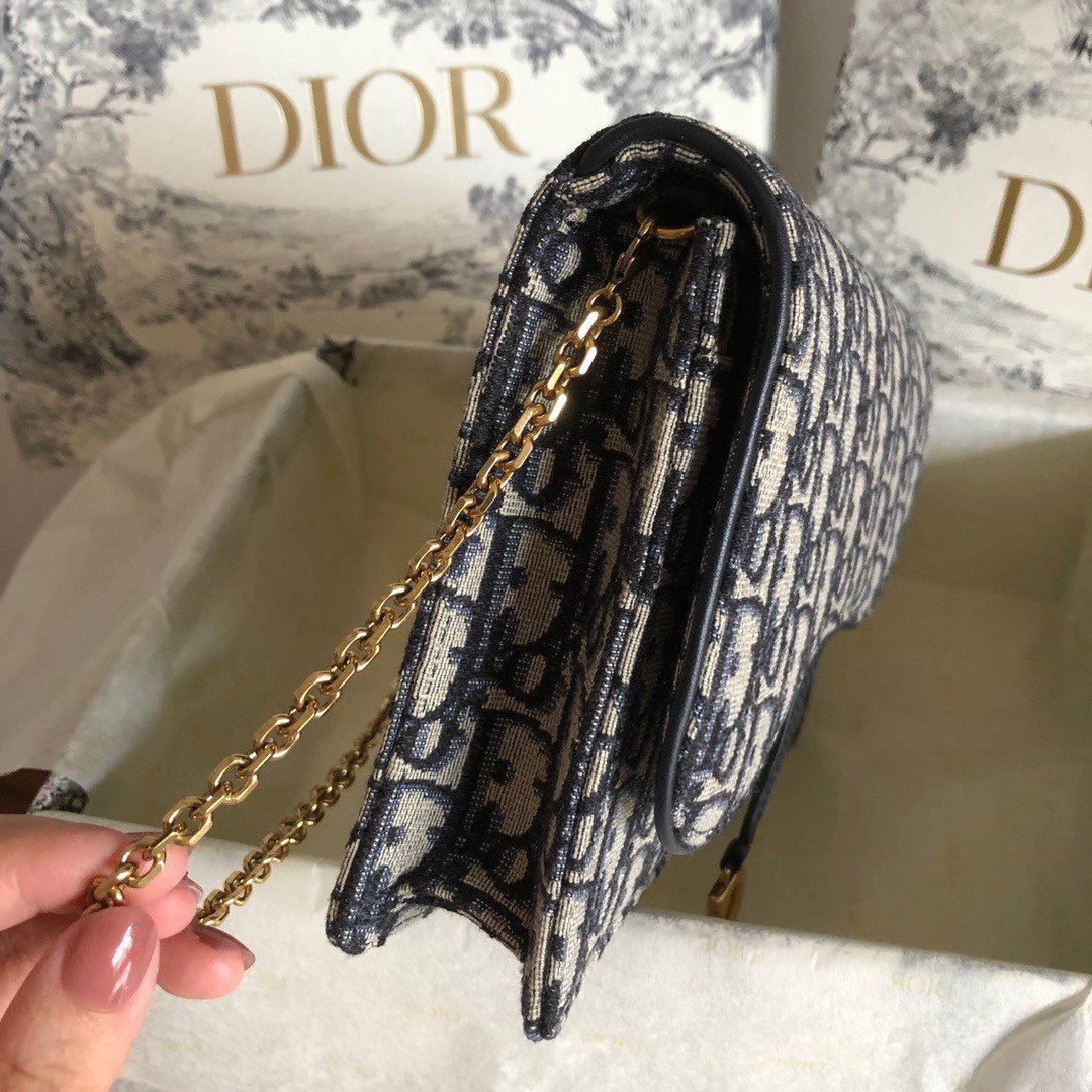 Dior Saddle Chain Pouch In Blue Dior Oblique Jacquard