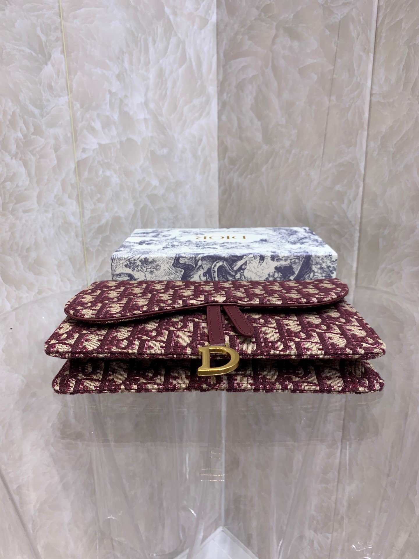 Dior Saddle Chain Pouch In Bordeaux Dior Oblique Jacquard