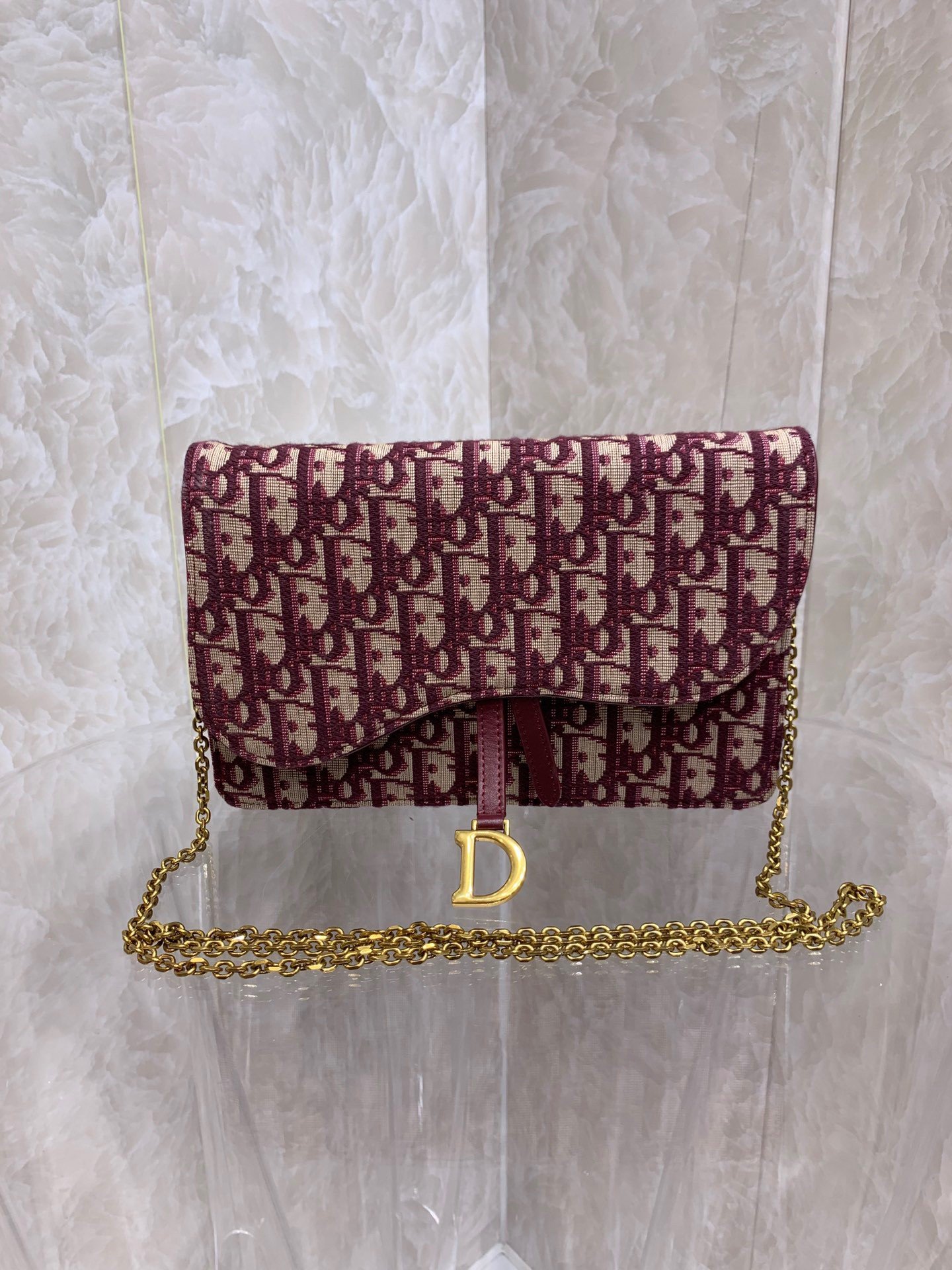 Dior Saddle Chain Pouch In Bordeaux Dior Oblique Jacquard