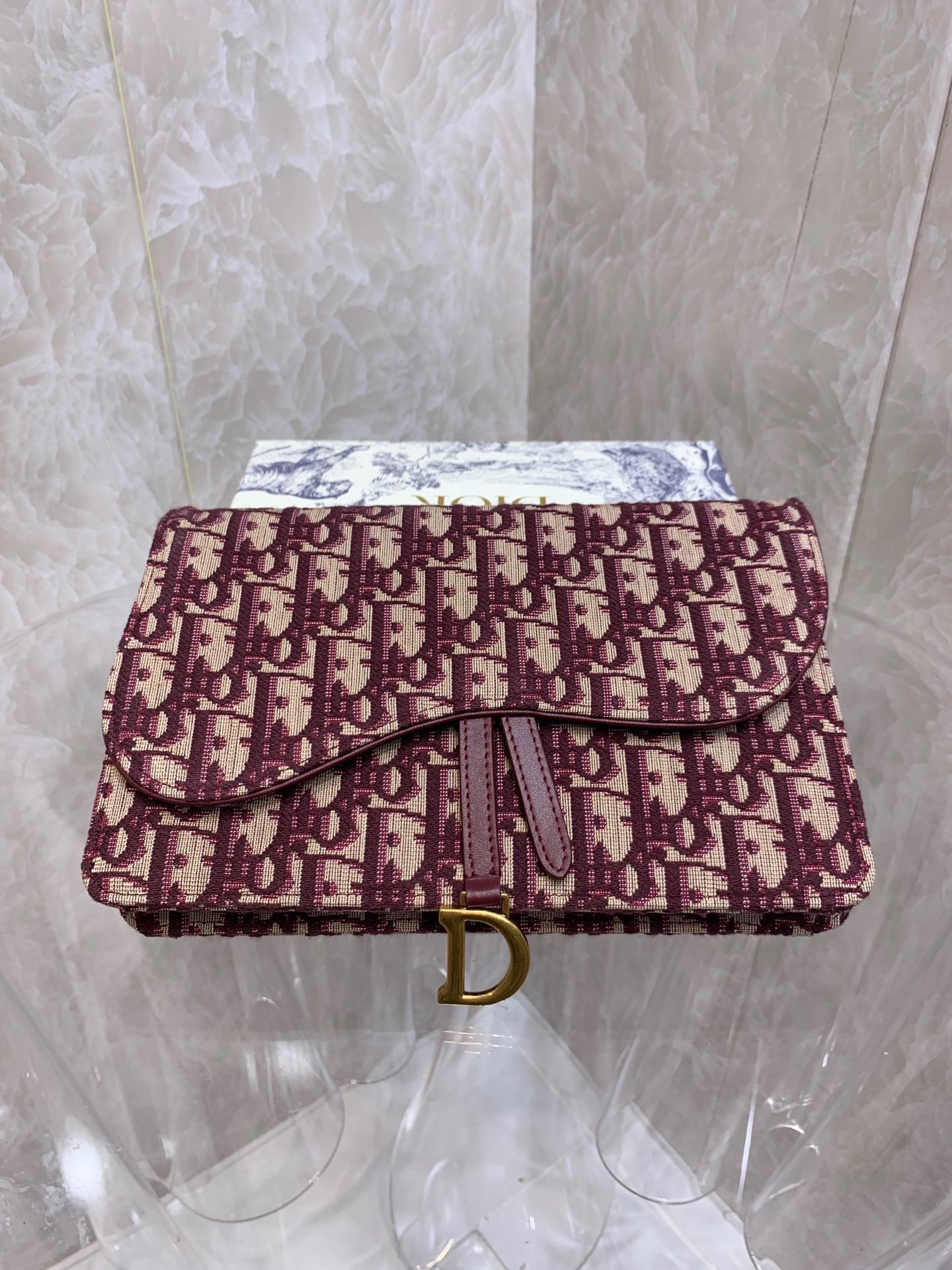 Dior Saddle Chain Pouch In Bordeaux Dior Oblique Jacquard