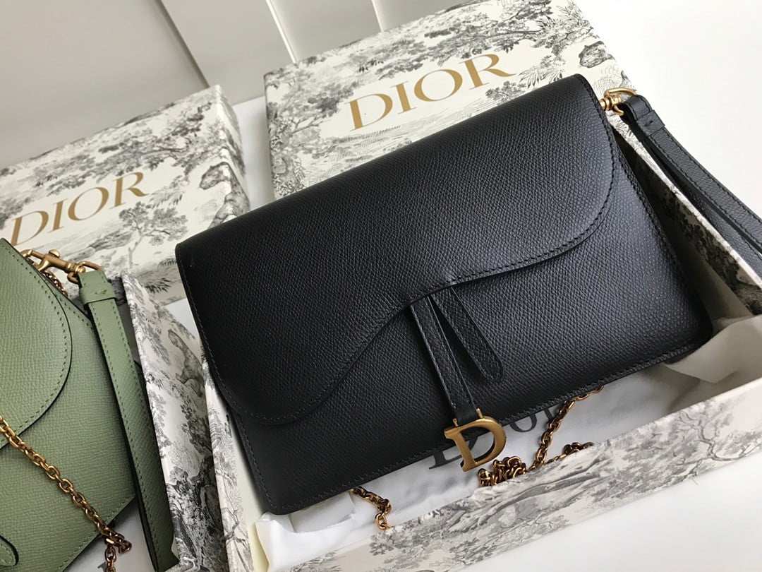 Dior Saddle Chain Pouch In Black Grained Calfskin