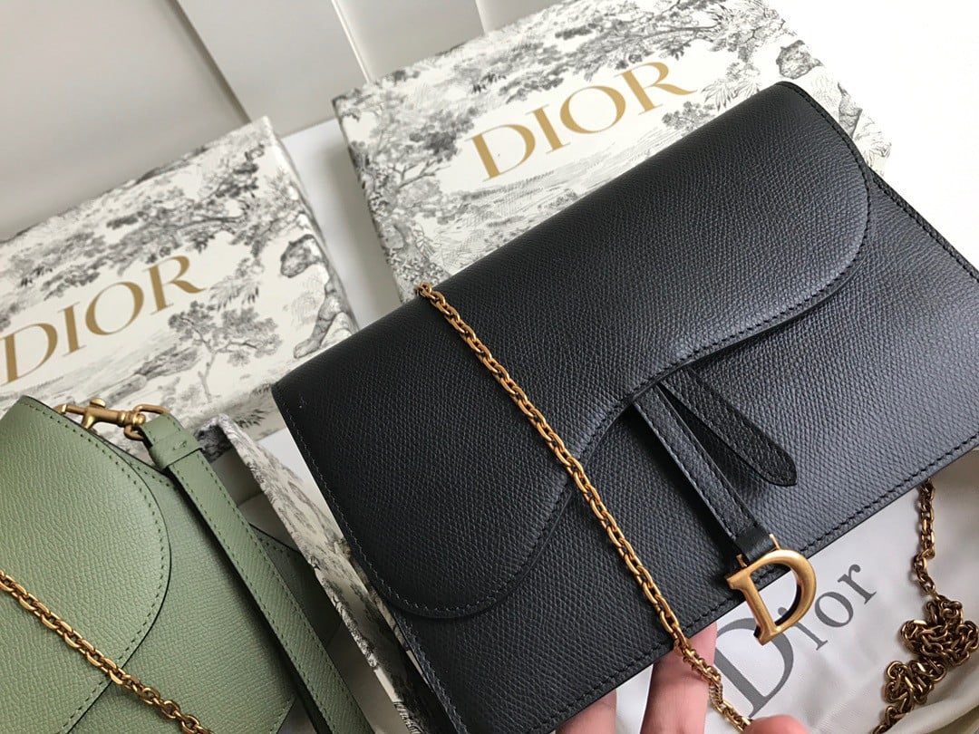 Dior Saddle Chain Pouch In Black Grained Calfskin