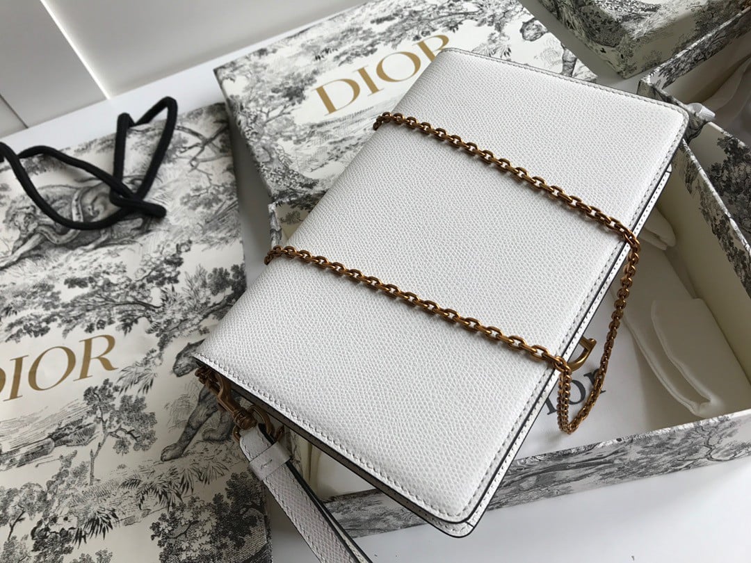 Dior Saddle Chain Pouch In White Grained Calfskin